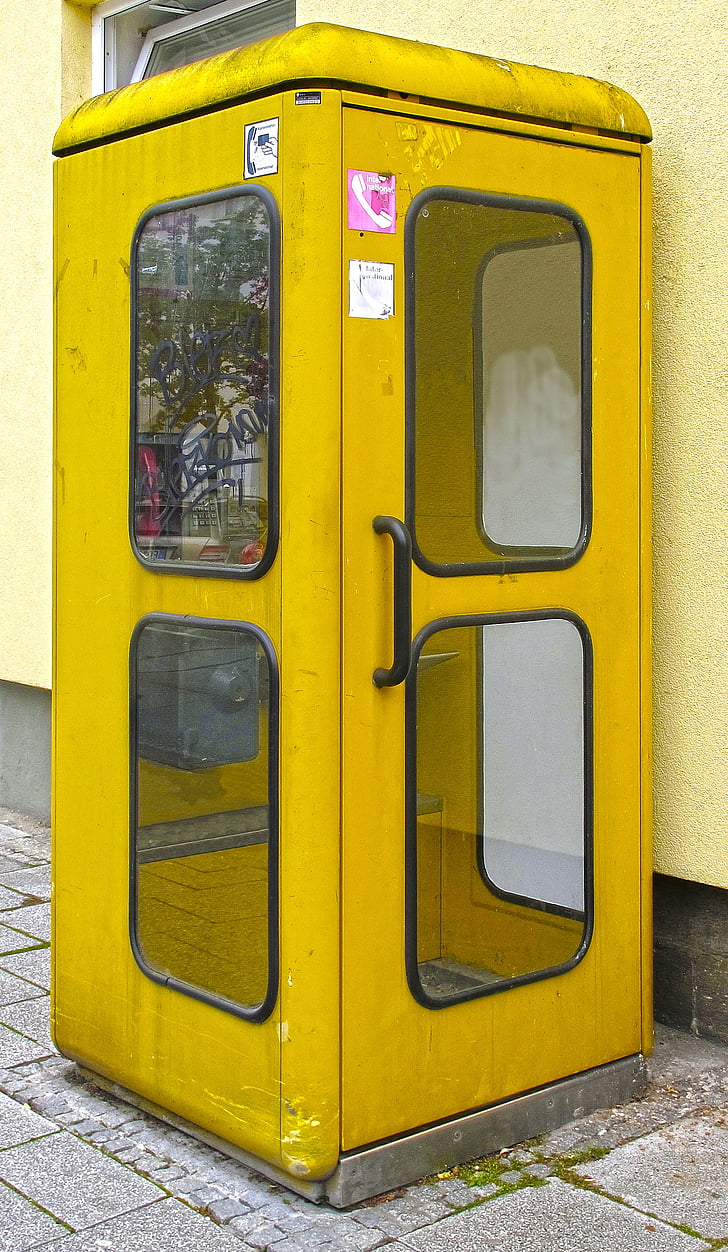 ตู้โทรศัพท์สาธารณะ, สีเหลือง, โบราณ, ประกาศ, โทรศัพท์บ้าน, telekom, ในอดีต