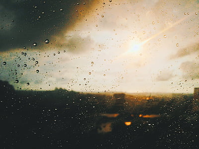 foto, matahari terbenam, hujan, air, air glass, drop, latar belakang