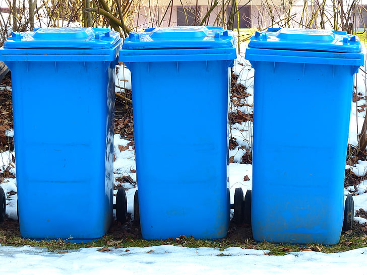 dustbin, papir wheelie bin, blå tonn, blå, massevis av plast, plast, søppel