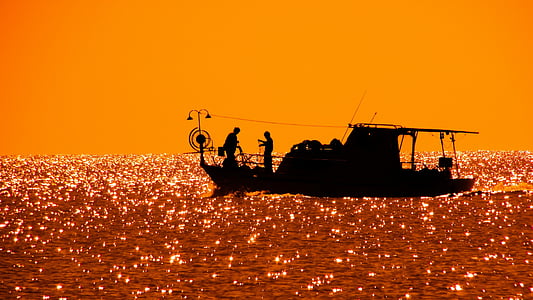 Риболовецьке судно, після обіду, Захід сонця, Риболовля, човен, море, золото