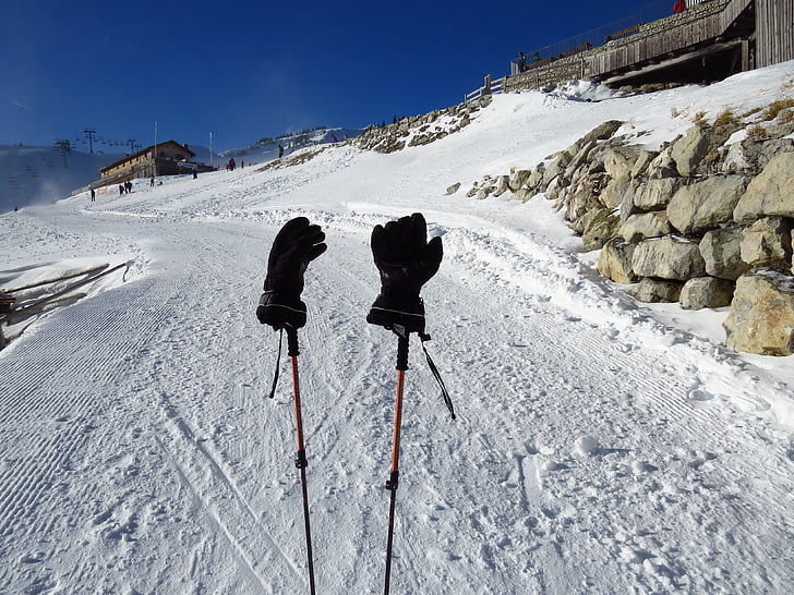 gants, froide, réchauffement de la planète, noir, piste de ski, bâtons de ski, bâtons