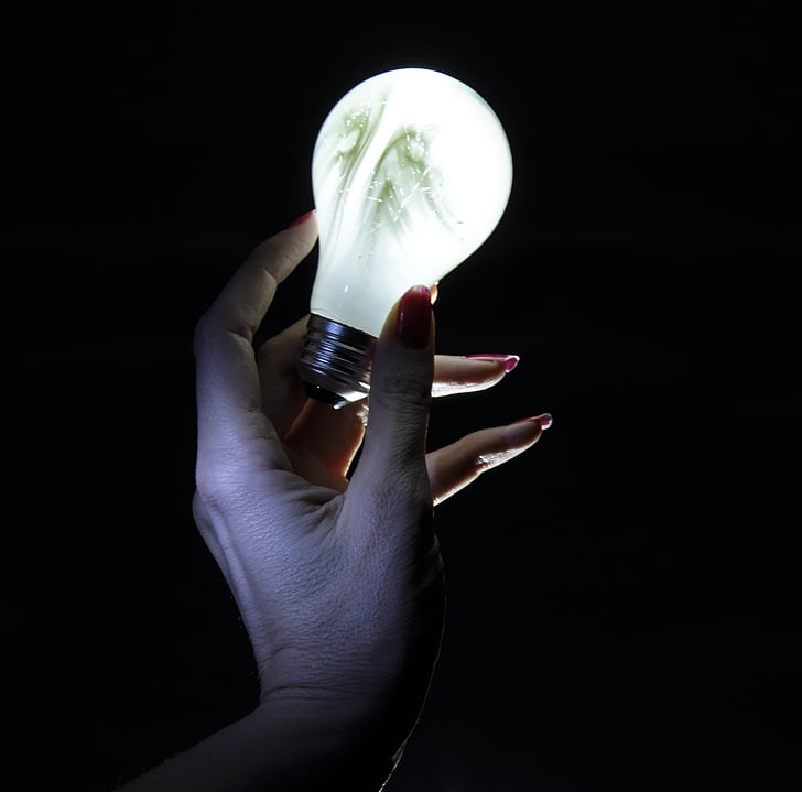 light bulb, hand, light, white, electricity