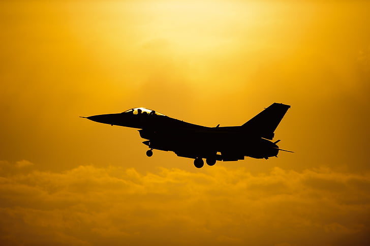 vojaški jet, let, obris, sonce, nebo, ki plujejo pod, f-16