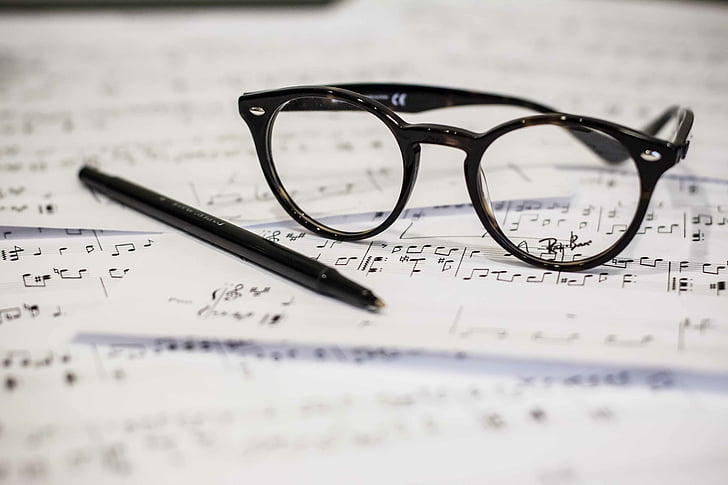eyeglasses, music, sheet music, pen, composing, eyesight, studio shot