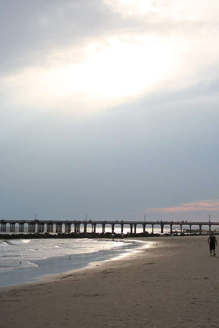 beach, pier, bridge, water, sunset, america, evening sky