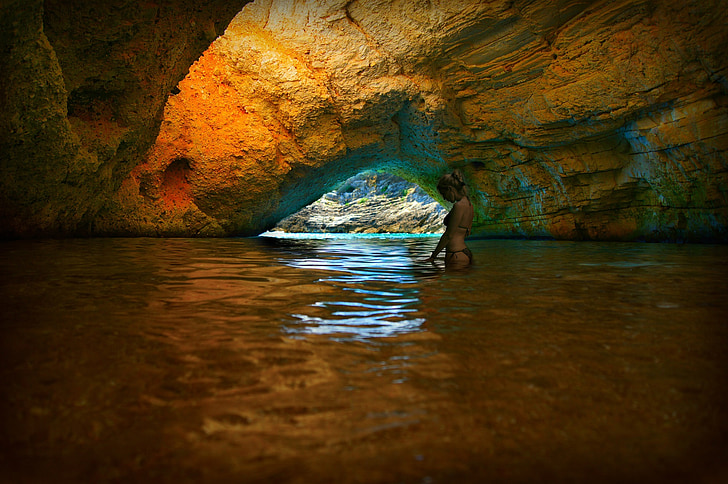 grotto, ocean, cave, water, rock, landscape, woman