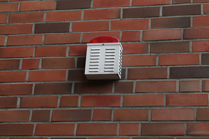 externí alarm, signální světlo, zeď, bezpečnost, cihla, zdi - stavební funkce, červená