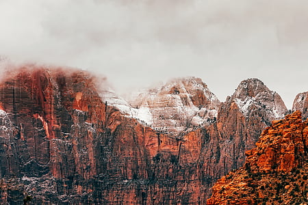 ザイオン国立公園, ユタ州, 風景, 山, 雪, 空, 雲