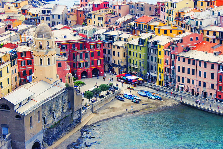 İtalya, Liguria, Cinque terre, Deniz, evleri, Renkler, Vernazza