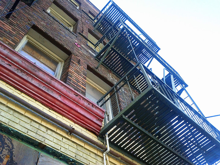 fire escape, old building, downtown, aging, urban, city, old