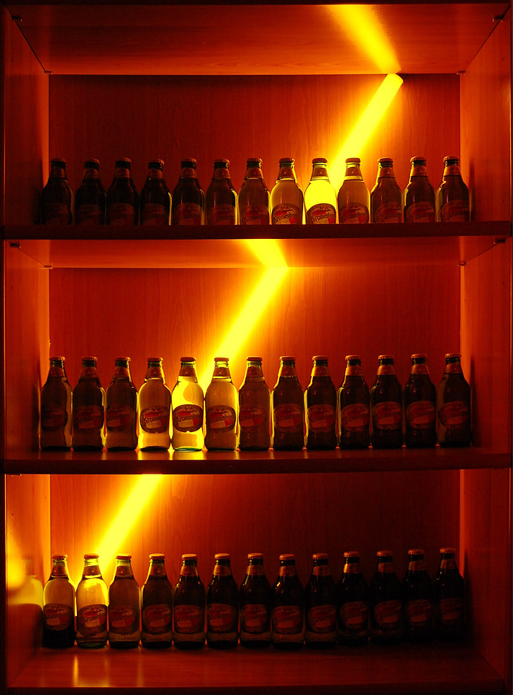láhve, police, nápoje, sklo, světlo, nápoje, vzor