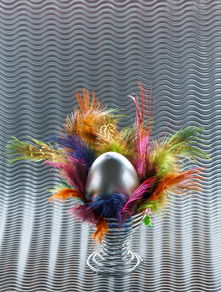 easter, egg, easter egg, color feather, spring, metal, no people