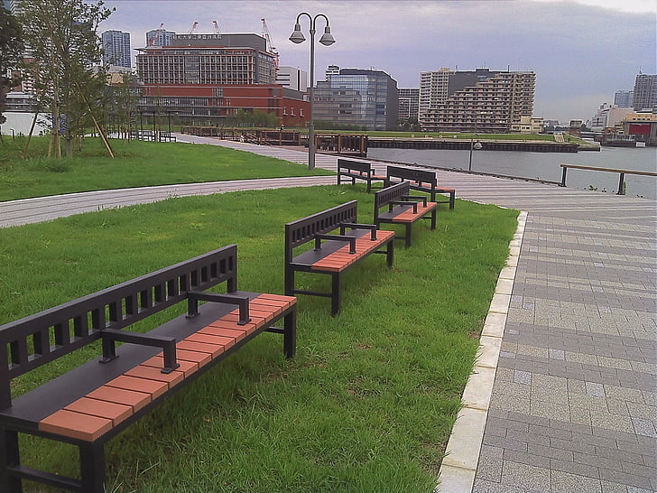 park, bench, lonely, riverside, city, water, river