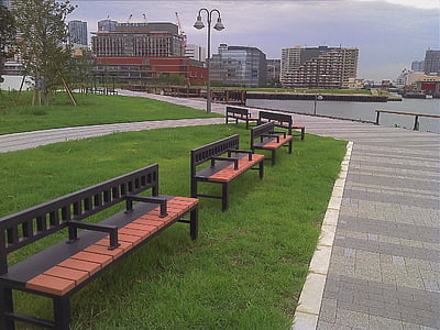 Park, Ława, samotny, nad rzeką, Miasto, wody, Rzeka