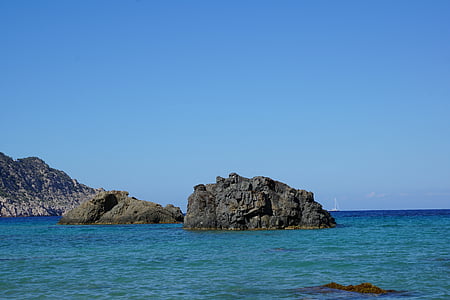Ibiza, sziget, tenger, kövek, boot, rock, víz