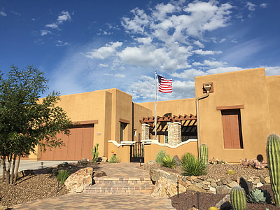 cel, núvols, Arizona, desert de, bandera americana, cactus, Adobe
