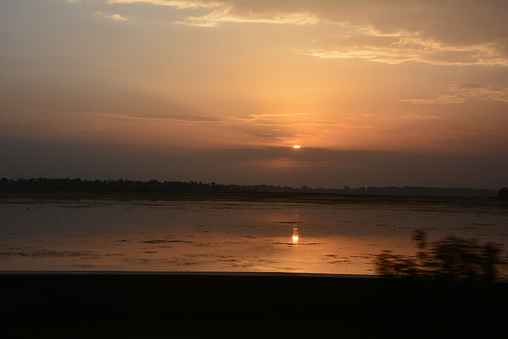 naplemente, Kasmír, dal lake, India, Srinagar, csónak, tó