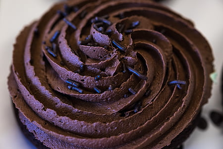 chocolate icing, cupcake, frosting, decorated, swirl, tasty, snack