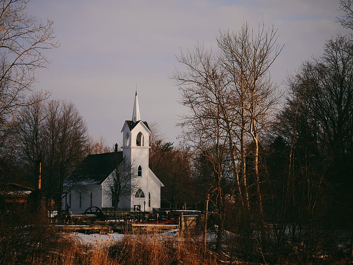 arquitectura, l'església, rural, cel, arbres, l'hivern, cristianisme