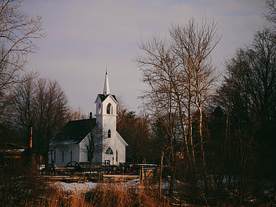 arhitektūra, baznīca, lauku, debesis, koki, ziemas, Kristietība