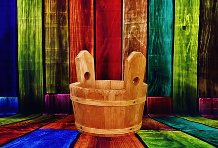 wooden bucket, wood planks, colorful, color, indoors, no people, curtain