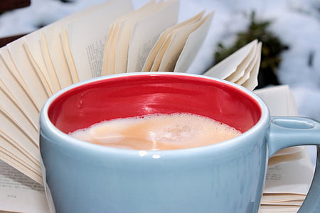 coffee break, cup, coffee cup, cup of coffee, book, bank, outdoor