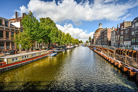Amsterdam, Canal, soligt, sommar, vatten, Nederländska, arkitektur
