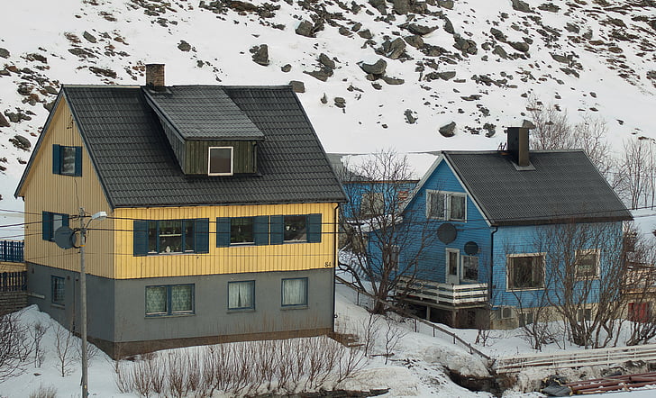 Norvégia, Lappföld, Fisherman's house, fjord, hó, téli, ház