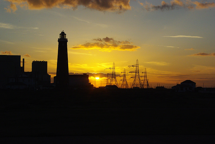 solnedgång, Lighthouse, Dungeness, Kent, Power station, pylones, energi
