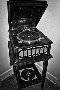 gramofonas, įrašų leistuvo, senas, istorinis, derlius, vinilo, įrašas