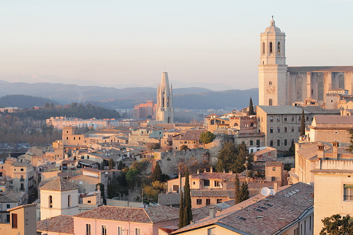 City, Sunset, Girona, Taloja, maisema, kirkko, katedraali