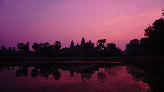 Kambodża, Wschód słońca, Asaka, fioletowy, niebo, sylwetka, Angkor