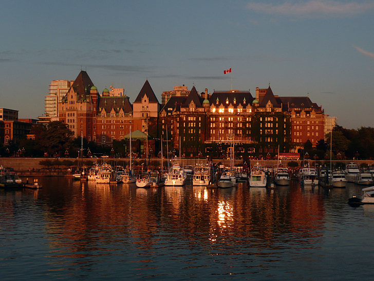 Victoria, přístav, Empress hotel, večer, Západ slunce, voda, Britská Kolumbie