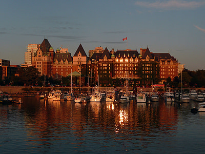 Victoria, Harbor, l’Empress hotel, soirée, coucher de soleil, eau, Colombie-Britannique
