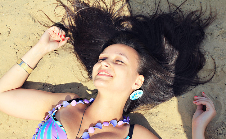 girl, beach, hair, brunette, smile, sand, posture