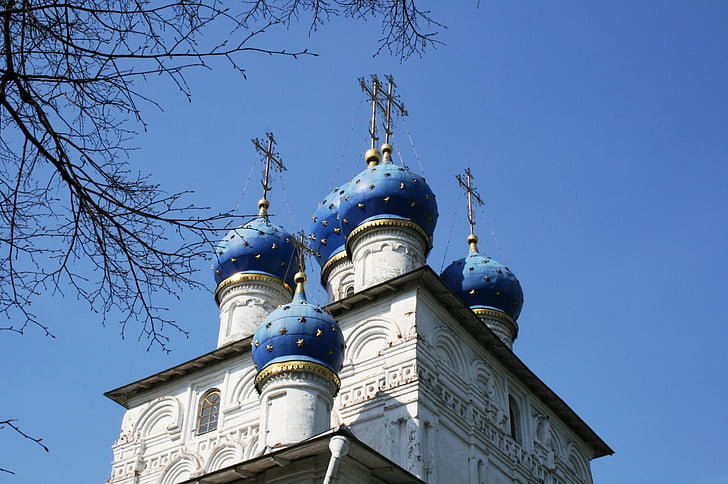 church, russian orthodox, white building, architecture, blue domes, onion domes, religion