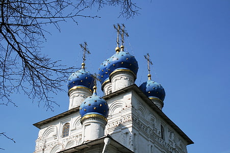 bažnyčia, rusų ortodoksų, baltas pastatas, Architektūra, mėlynos spalvos kupolai, svogūnų kupolai, religija