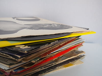 pile, assorted, printed, papers, wooden, top, records