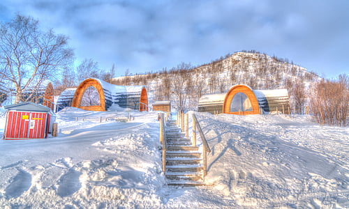 Kirkenes, Norwegia, Architektura, ścieżka, góry, krajobraz, śnieg
