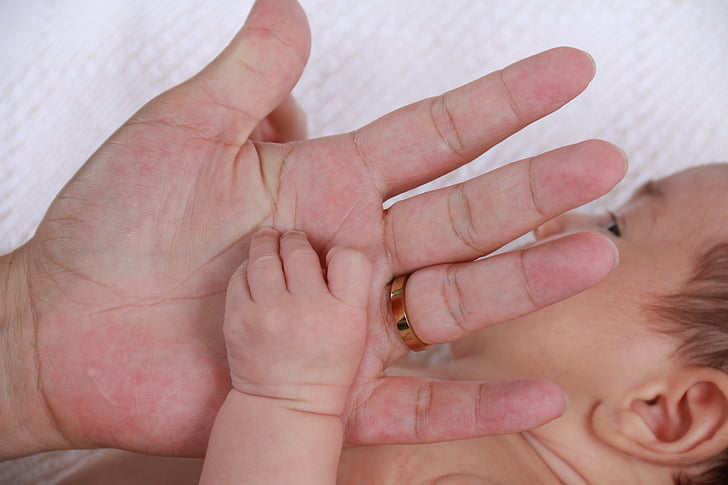 Bebe, Palma, roka, pieķeršanās, jaundzimušo, maigums, bērnu