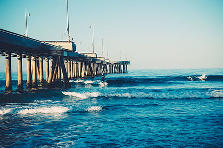 Köprü, gündüz, plaj, sörf, sörfçü, dalgalar, su