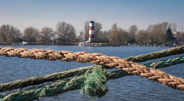 lighthouse, sea, dew, rope, water, cordage, port