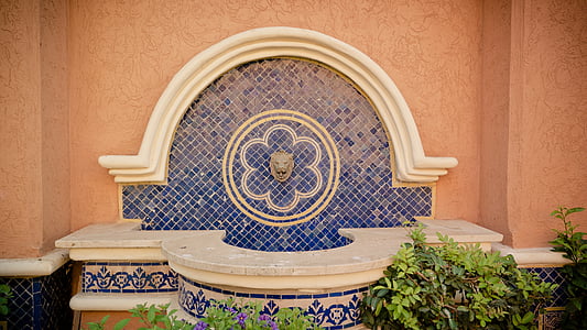 lion fountain, mosaic, fountain, lion, oriental, water outlet, bricked