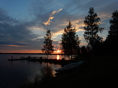 zonsondergang, Finland, Suomi, zee, hemel, wolken, blauw