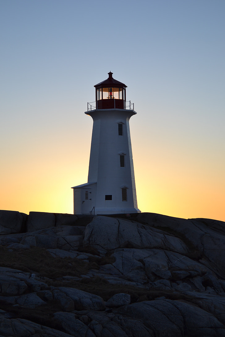 Nova, Scotia, peggy's, Cove, Lighthouse, solnedgång, landskap