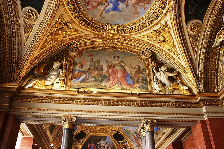 louvre, museum, decorated ceiling, ceiling, gold, church, architecture