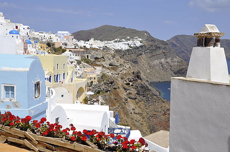 Santorini, biały, niebieski, Grecja, Wyspa, morze, wapno