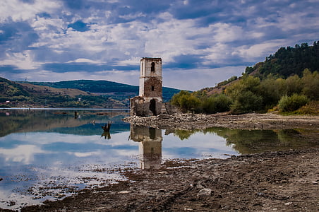 church, abandoned, landscape, lake, old, architecture, ruins