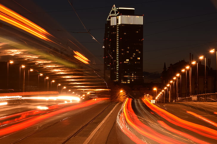 City, storby, bygning, nat, skyskraber, Frankfurt, lys