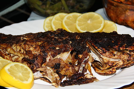 kala, sitruuna, syödä, herkullinen, grilli, musta, poltettu